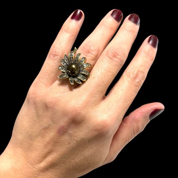 Heidi Daus Ring Sublime Star Size 7 Signed Faux Black Pearl Swarovski Crystal - Picture 2 of 7